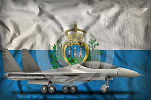 Fighter, interceptor on the San Marino state flag background. 3d Illustration