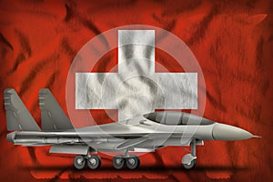 Fighter, interceptor on the Switzerland state flag background. 3d Illustration