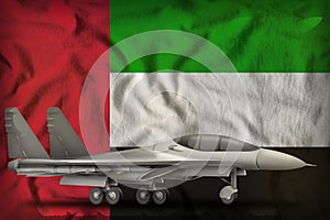 Fighter, interceptor on the United Arab Emirates state flag background. 3d Illustration