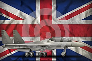 Fighter, interceptor on the United Kingdom UK state flag background. 3d Illustration