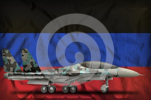 Fighter, interceptor with winter camouflage on the Donetsk Peoples Republic state flag background. 3d Illustration