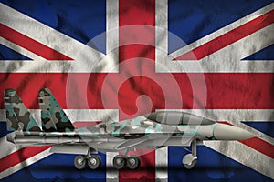 Fighter, interceptor with winter camouflage on the United Kingdom UK state flag background. 3d Illustration