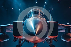 Fighter jet on display, front view.