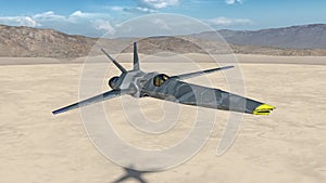 Fighter Jet, futuristic military aircraft flying over a desert with mountains in the background, close up, 3D render