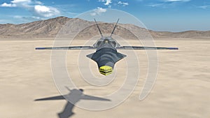 Fighter Jet, futuristic military airplane flying over a desert with mountains in the background, front view, 3D render