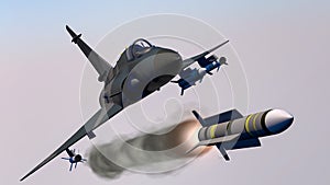 A fighter jet launches a missile 3d rendering