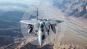 Fighter jet in mid flight over vast desert terrain
