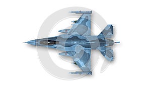 Fighter jet, military aircraft on white background, top view