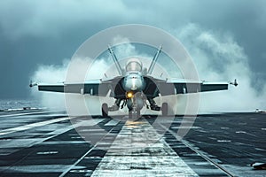 A fighter jet is parked on the deck of an aircraft carrier, ready for takeoff or storage, A fighter aircraft preparing for takeoff