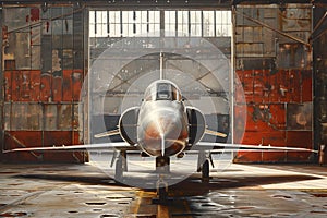 a fighter jet is parked in a hangar