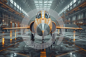 a fighter jet is parked in a hangar