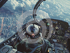 Fighter Jet Pilot Over Cityscape