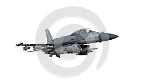 Fighter jet plane in flight, military aircraft, army airplane isolated on white background, bottom view, 3D render