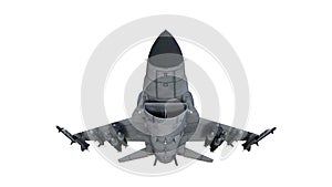 Fighter jet plane in flight, military aircraft, army airplane isolated on white background, front bottom view, 3D render