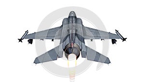 Fighter jet plane in flight, military aircraft, army airplane isolated on white background, rear top view, 3D render