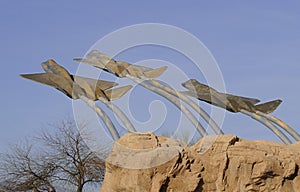 Fighter jet sculpture at the entrance to the Pima Air & Space Museum, Tucson, Arizona, USA