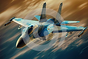 The fighter jet slices through the air, its engine roaring with power. The pilot navigates with precision, executing