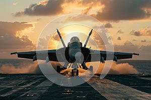 Fighter Jet Taking Off From an Aircraft Carrier, A fighter aircraft preparing for takeoff on an aircraft carrier, AI Generated