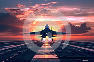 fighter jet taking off from a runway at sunset. The sky is a beautiful shade of orange and pink, and there are clouds in