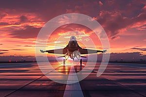 fighter jet taking off from a runway at sunset. The sky is a beautiful shade of orange and pink, and there are clouds in