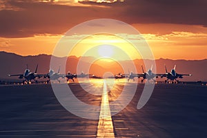 Fighter jets aligned on runway at sunset