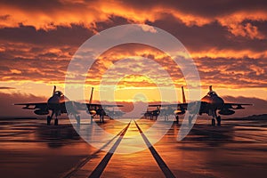 Fighter jets aligned at runway during sunset