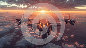 Fighter jets flying at sunset above clouds