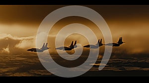 Fighter jets formation sunset flight clouds military