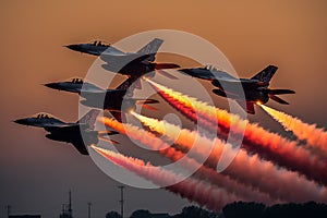 Fighter jets soaring in the vibrant sunset sky. Generative AI