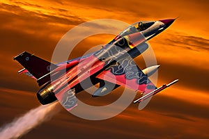 Fighter jets soaring in the vibrant sunset sky. Generative AI