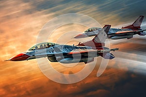 Fighter jets soaring in the vibrant sunset sky. Generative AI