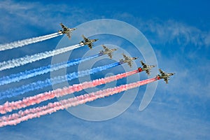 Fighter Jets Su-25 Trail in the Colors of Russian Flag