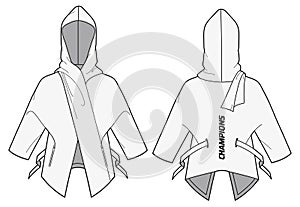 Fighter Kimono Hoodie jacket design flat sketch illustration for men and women with front and back view, Combat kimono tech hoodie