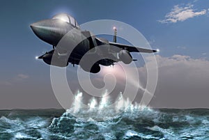 Fighter over the ocean