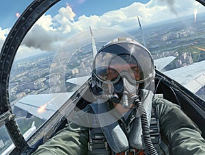 Fighter Pilot in Cockpit Over Cityscape