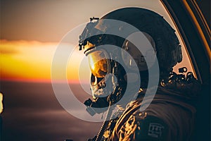 fighter pilot cockpit in the sky, aviator military mission, Generative Ai