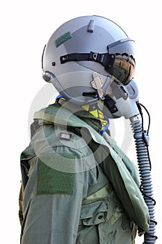 Fighter pilot helmet and suit isolate on white background