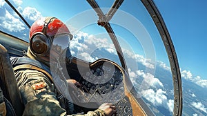 fighter pilot in vintage aircraft cockpit flying above clouds. ai generative