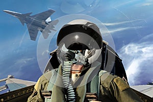 Fighter pilots cockpit view under cloudy blue sky