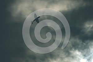 Fighter plane on cloudy sky