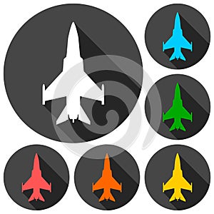 Fighter plane icons set with long shadow