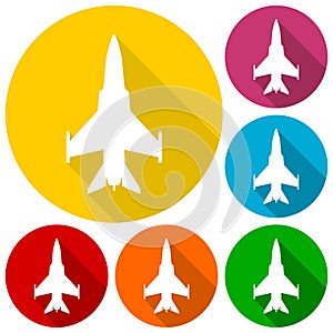 Fighter plane icons set with long shadow