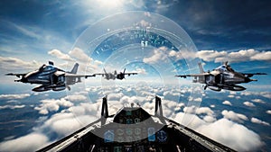 Fighter plane\'s cockpit flying over sky. Generated with AI