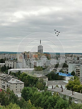 Fighter planes in the sky at the airshow in Arkhangelsk, Russia