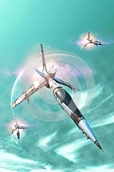 Fighter spaceship and planet