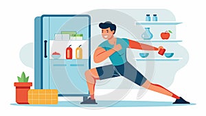 A fighter stretching in front of a refrigerator filled with preprepped healthy meals promoting the importance of