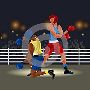 Fighters battle in ring in sportswear and with sports equipment having boxing match with knockdown vector illustration.