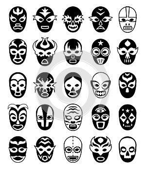 Fighters masks. Mexican lucha libre silhouettes of vector masked luchador isolated photo