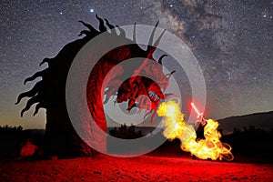 Fighting Against a Fire Breathing Serpent at Night