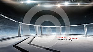 Fighting Championship. Fight night. 3D render MMA arena. Full tribune. MMA cage night